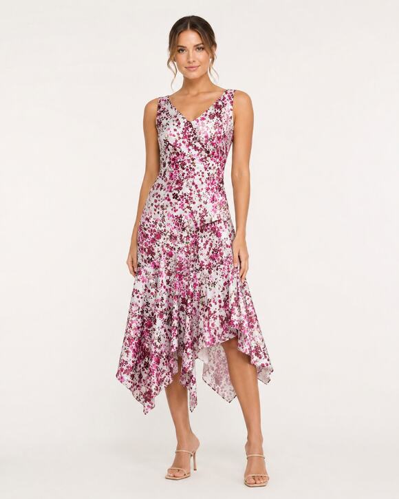 Taylor Dresses & Skirts - Taylor Floral Satin Midi Dress Women 4 pink Ruched Asymmetrical Handkerchief Hem